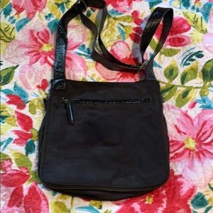HOBO bag, black nylon with black patent accents